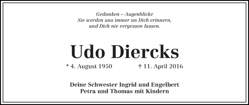 Traueranzeige von Udo Diercks von Die Norddeutsche