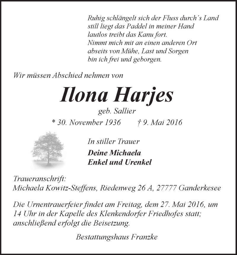 Traueranzeige von Ilona Harjes von WESER-KURIER