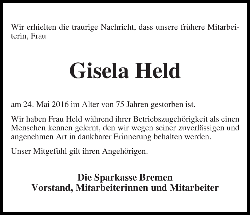 Traueranzeige von Gisela Held von WESER-KURIER