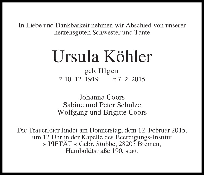 Traueranzeige von Ursula Köhler von WESER-KURIER