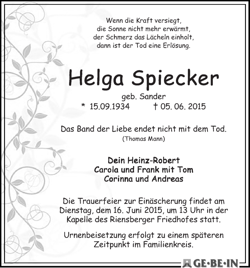 Traueranzeige von Helga Spiecker von WESER-KURIER