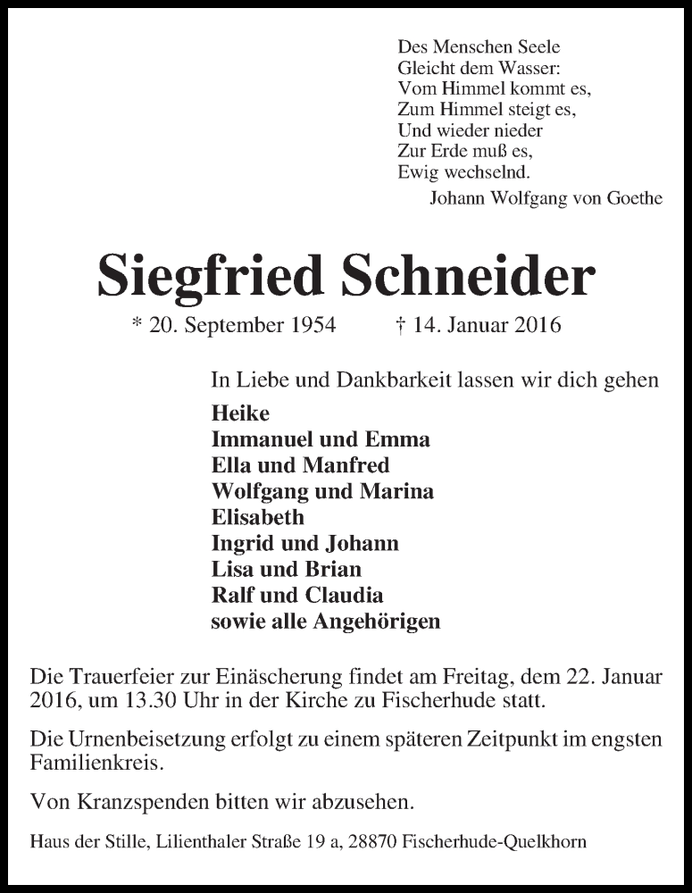  Traueranzeige für Siegfried Schneider vom 19.01.2016 aus Achimer Kurier/Verdener Nachrichten