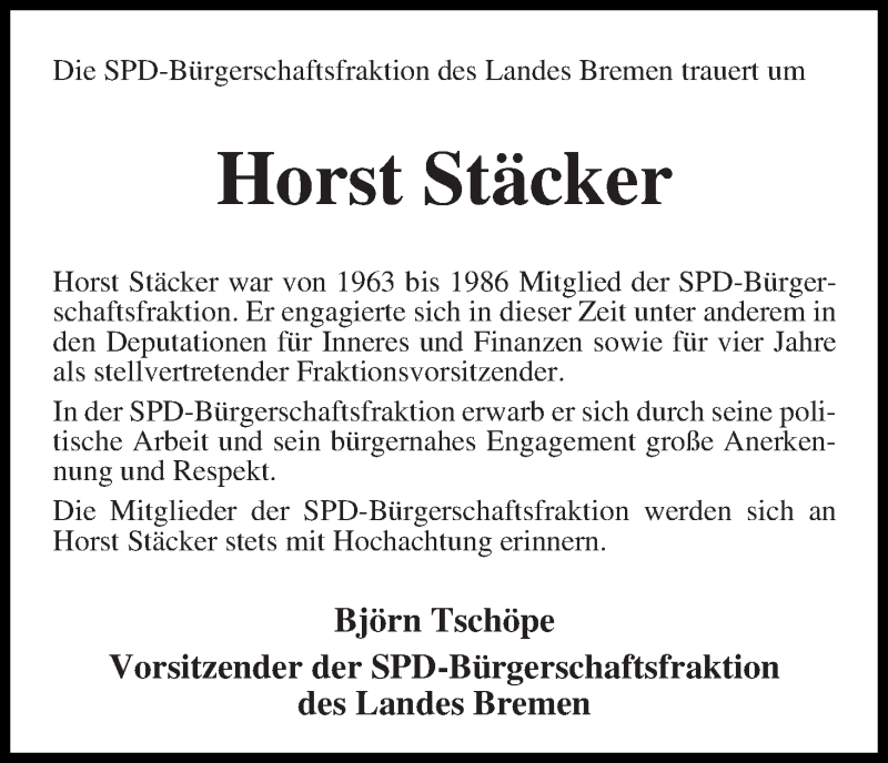  Traueranzeige für Horst Stäcker vom 20.05.2015 aus WESER-KURIER