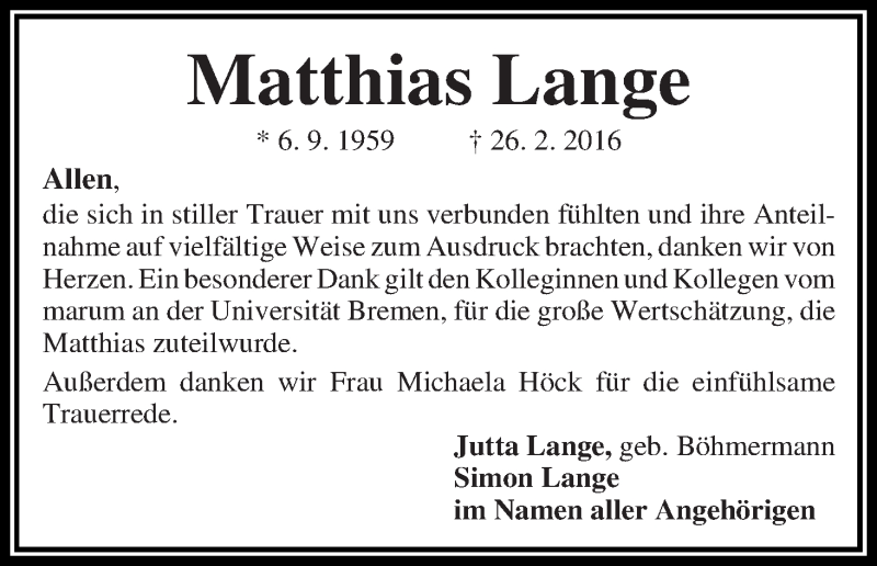 Traueranzeige von Matthias Lange von WESER-KURIER