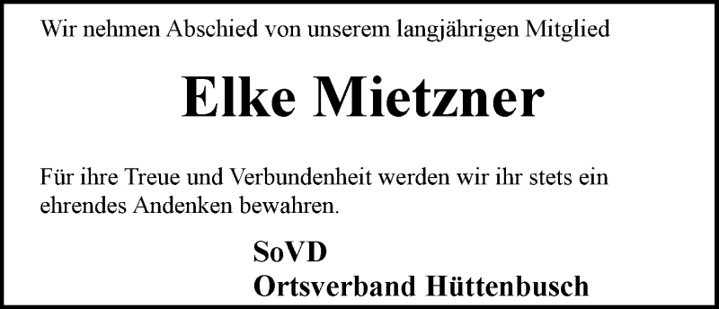 Traueranzeige von Elke Mietzner von Wuemme Zeitung