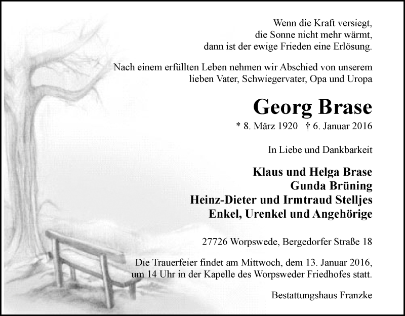 Traueranzeige von Georg Brase von Wuemme Zeitung