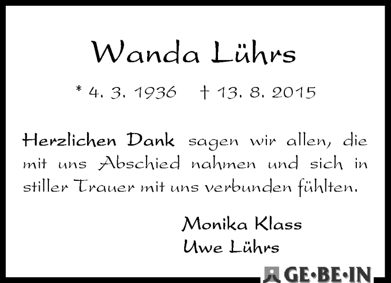 Traueranzeige von Wanda Lührs von WESER-KURIER