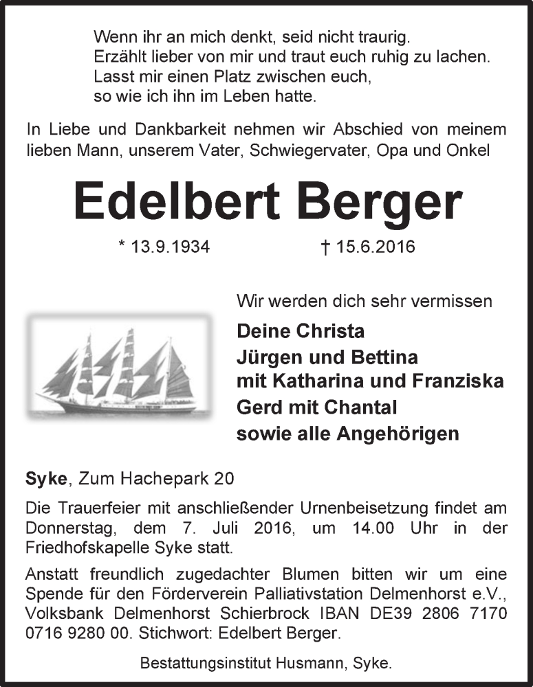 Traueranzeige von Edelbert Berger von WESER-KURIER