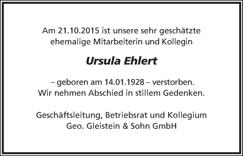 Traueranzeige von Ursula Ehlert von Die Norddeutsche