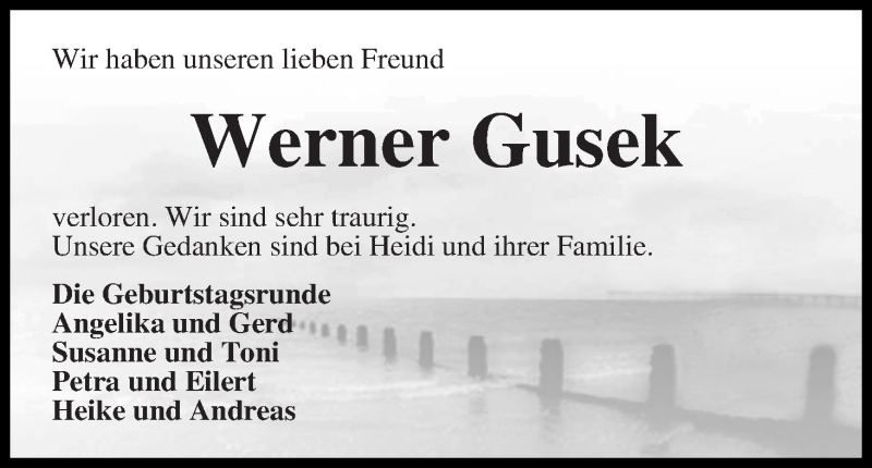 Traueranzeige von Werner Gusek von Wuemme Zeitung