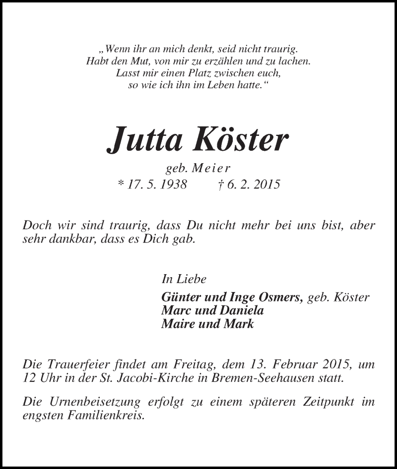 Traueranzeige von Jutta Köster von WESER-KURIER