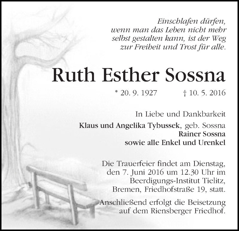 Traueranzeige von Ruth Esther Sossna von WESER-KURIER