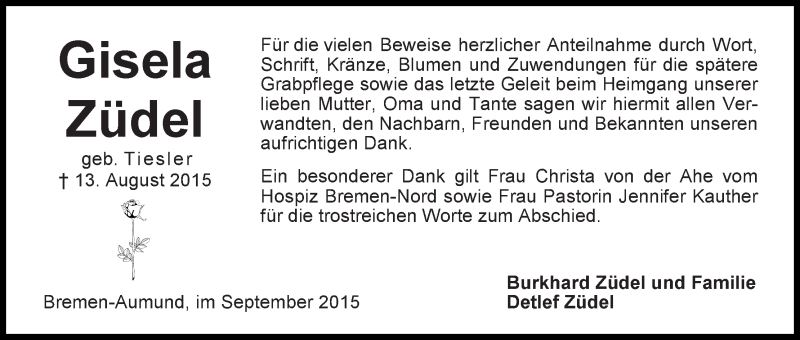Traueranzeige von Gisela Züdel von Die Norddeutsche