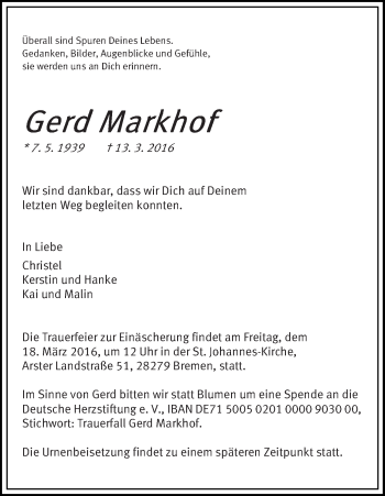 Traueranzeige von Gerd Markhof