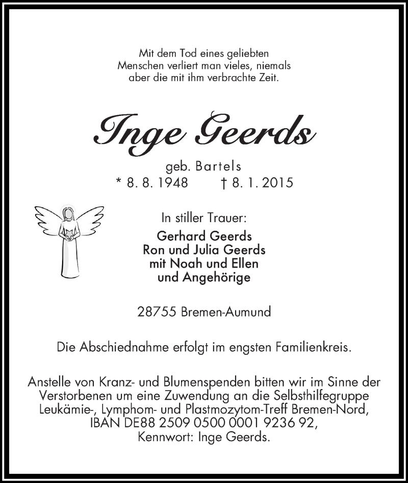 Traueranzeige von Inge Geerds von Die Norddeutsche