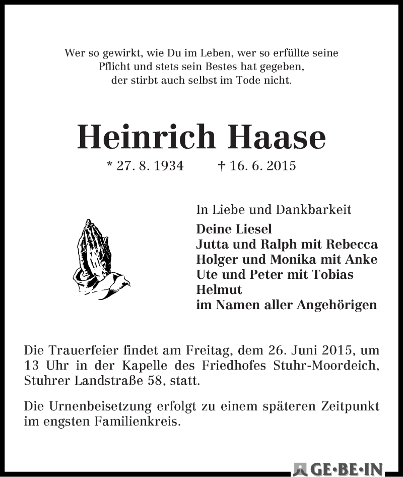 Traueranzeige von Heinrich Haase von WESER-KURIER
