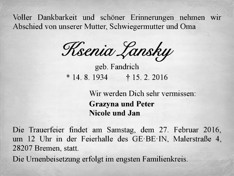  Traueranzeige für Ksenia Lansky vom 24.02.2016 aus WESER-KURIER