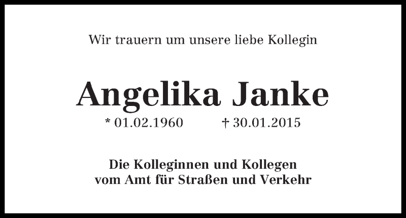  Traueranzeige für Angelika Janke vom 06.02.2015 aus WESER-KURIER
