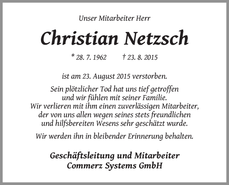 Traueranzeige von Christian Netzsch von WESER-KURIER