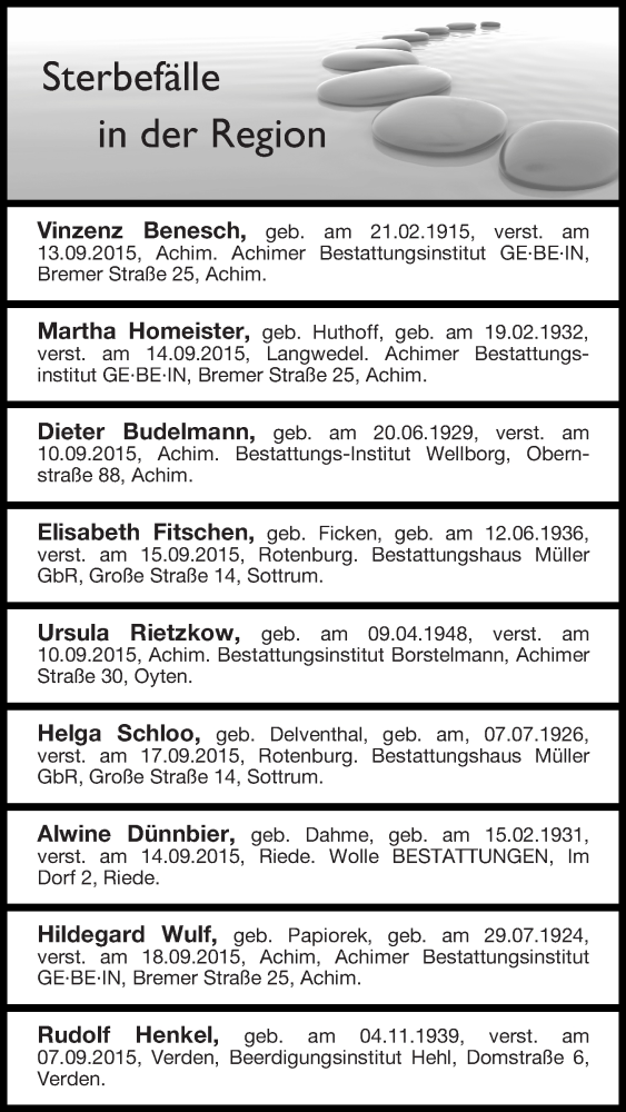  Traueranzeige für Sterbefälle 19.09.2015 AchimVerden vom 19.09.2015 aus Achimer Kurier/Verdener Nachrichten