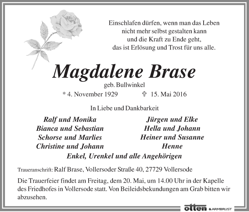 Traueranzeige von Magdalene Brase von Osterholzer Kreisblatt