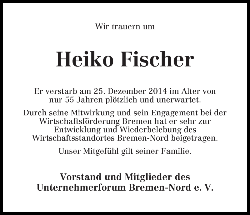 Traueranzeige von Heiko Fischer von WESER-KURIER