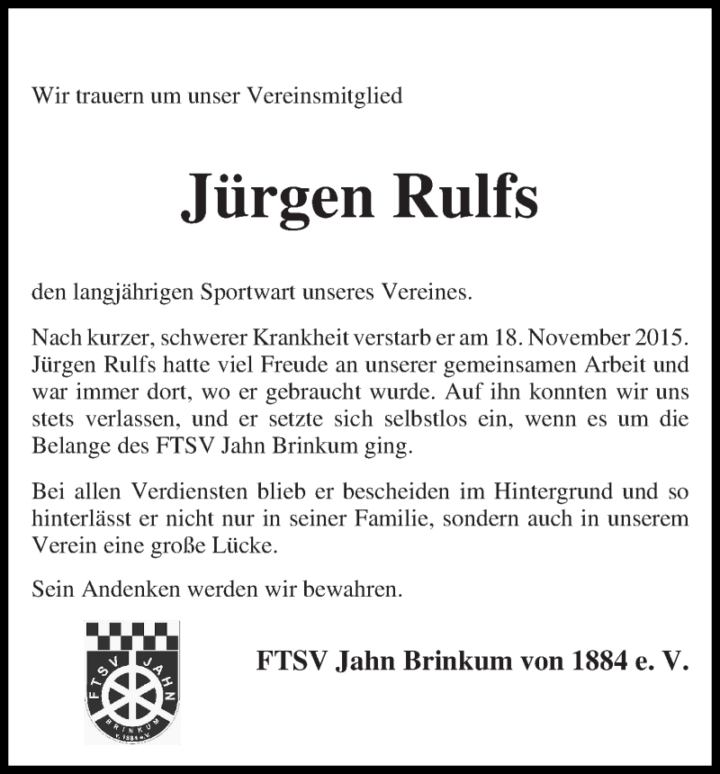 Traueranzeige von Jürgen Rulfs von Regionale Rundschau/Syker Kurier