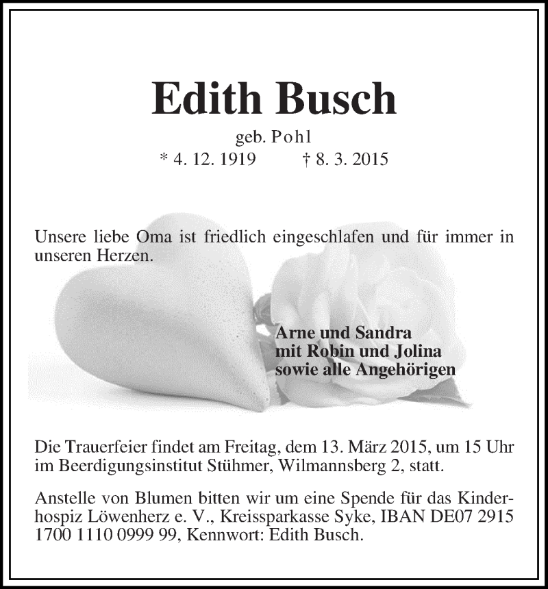 Traueranzeige von Edith Busch von Die Norddeutsche