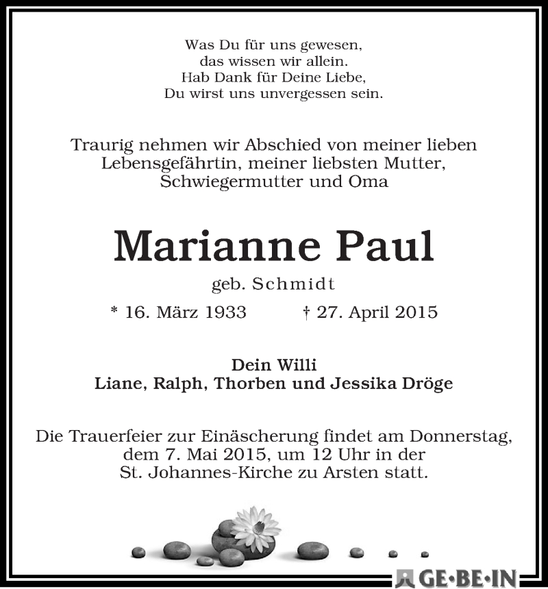 Traueranzeige von Marianne Paul von WESER-KURIER