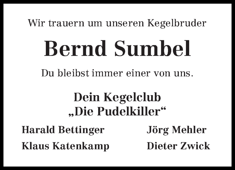 Traueranzeige von Bernd Sumbel von WESER-KURIER