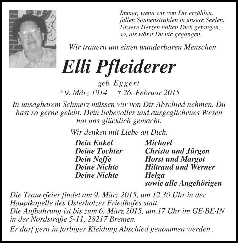 Traueranzeige von Elli Pfleiderer von WESER-KURIER