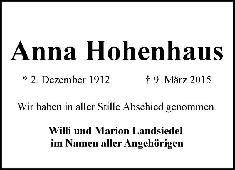Traueranzeige von Anna Hohenhaus von WESER-KURIER