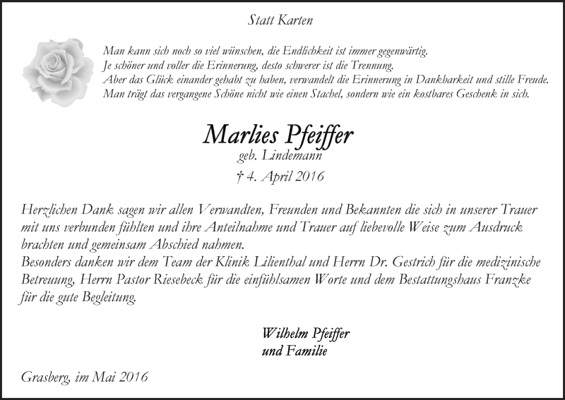 Traueranzeige von Marlies Pfeiffer von Wuemme Zeitung