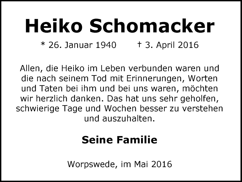 Traueranzeige von Heiko Schomacker von WESER-KURIER