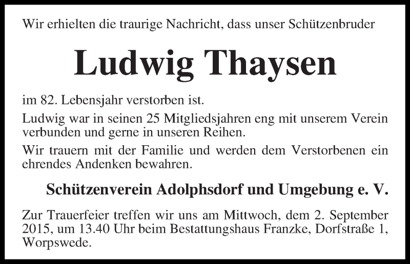 Traueranzeige von Ludwig Thaysen von Wuemme Zeitung
