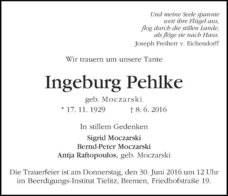 Traueranzeige von Ingeburg Pehlke von WESER-KURIER