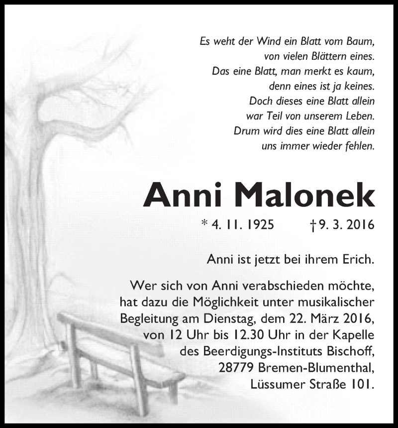 Traueranzeige von Anni Malonek von Die Norddeutsche