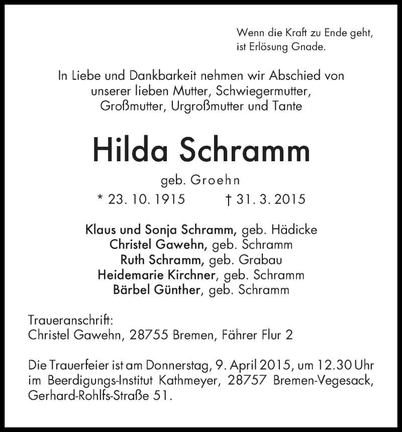 Traueranzeige von Hilda Schramm von Die Norddeutsche