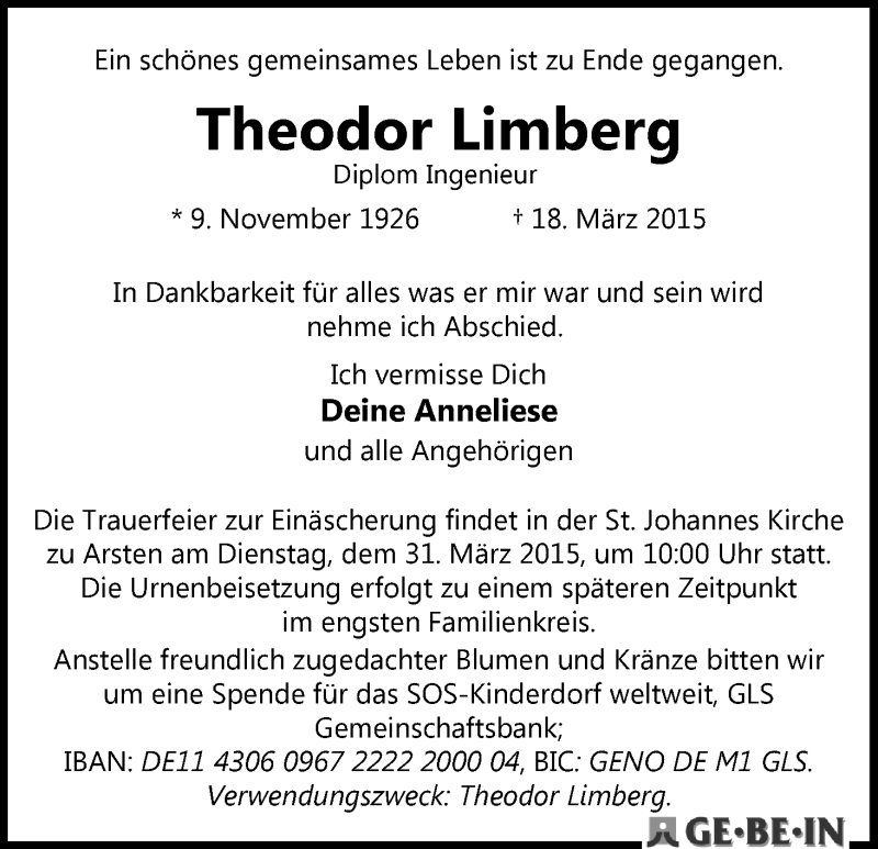 Traueranzeige von Theodor Limberg von WESER-KURIER