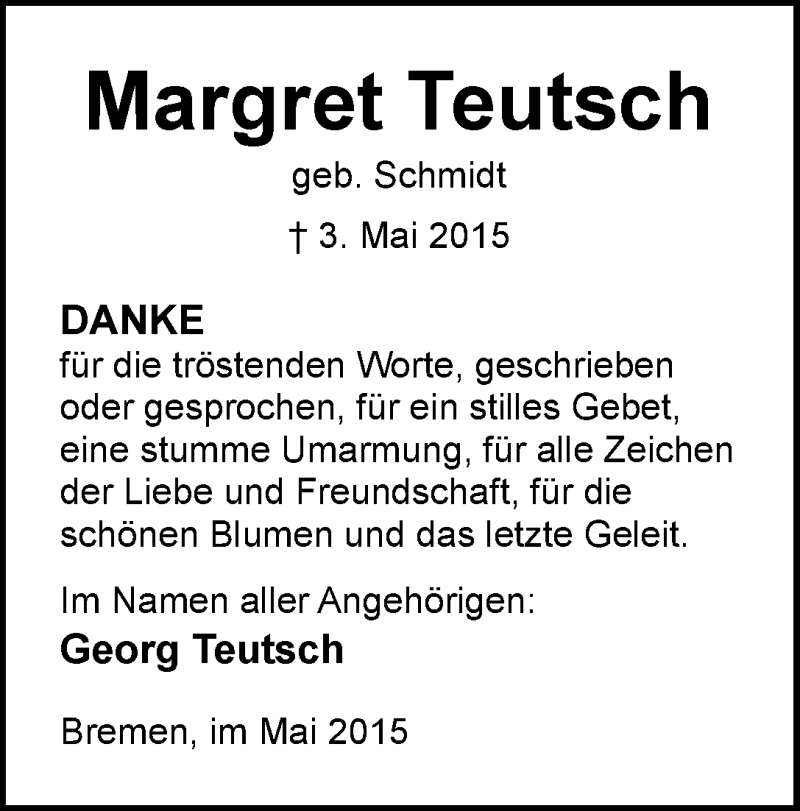 Traueranzeige von Margret Teutsch von WESER-KURIER