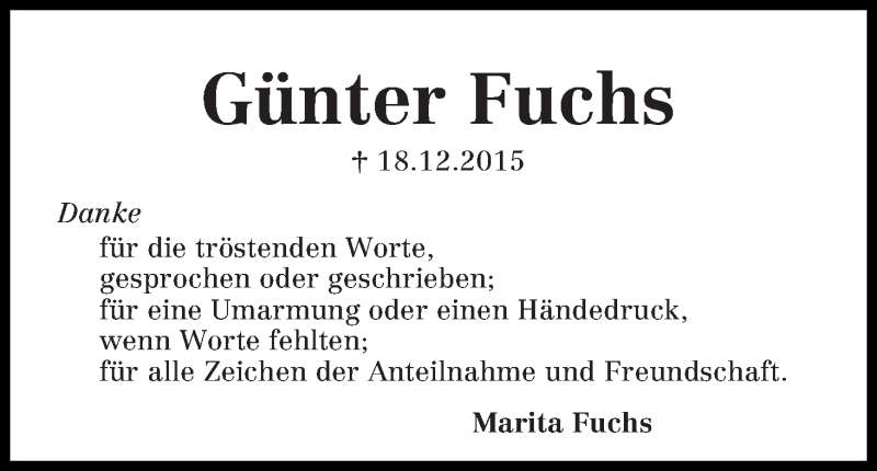 Traueranzeige von Günter Fuchs von WESER-KURIER