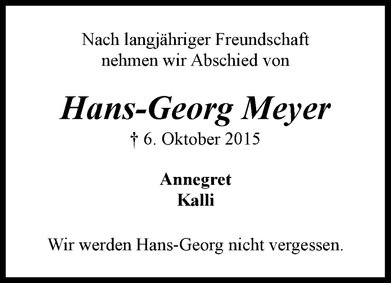 Traueranzeige von Hans-Georg Meyer von WESER-KURIER