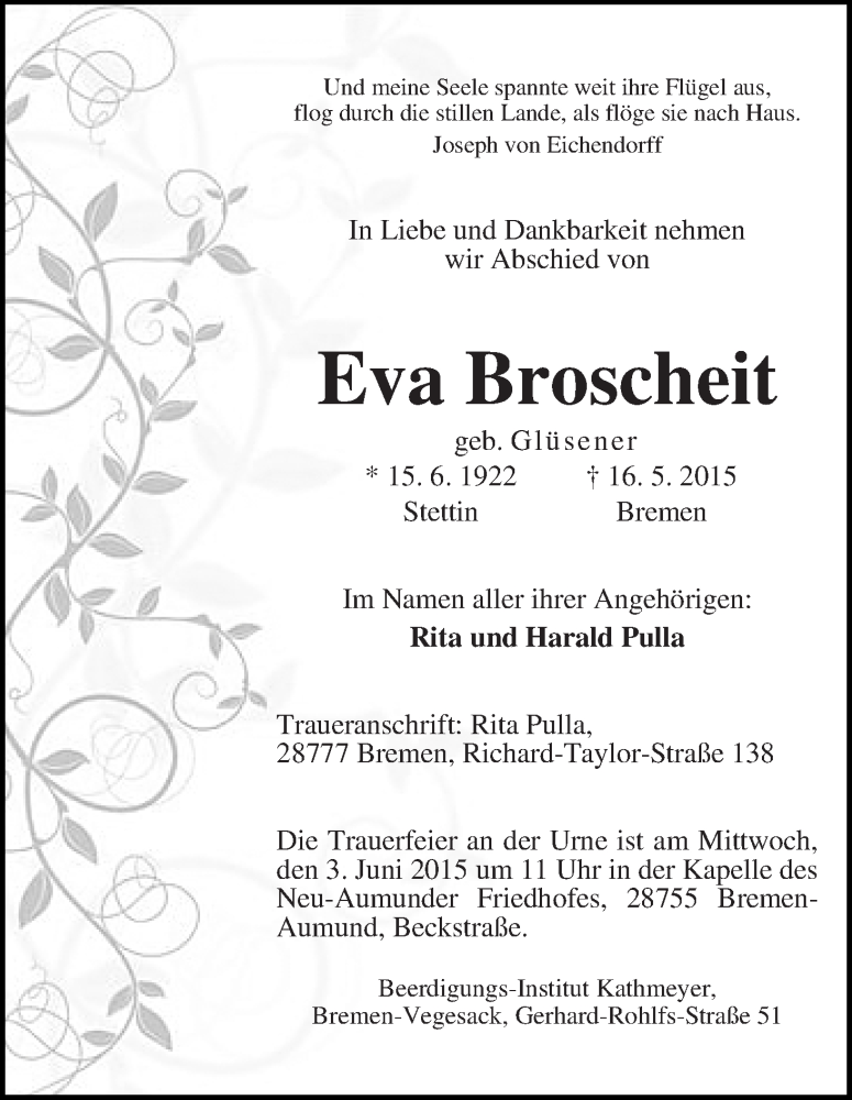 Traueranzeige von Eva Broscheit von Die Norddeutsche