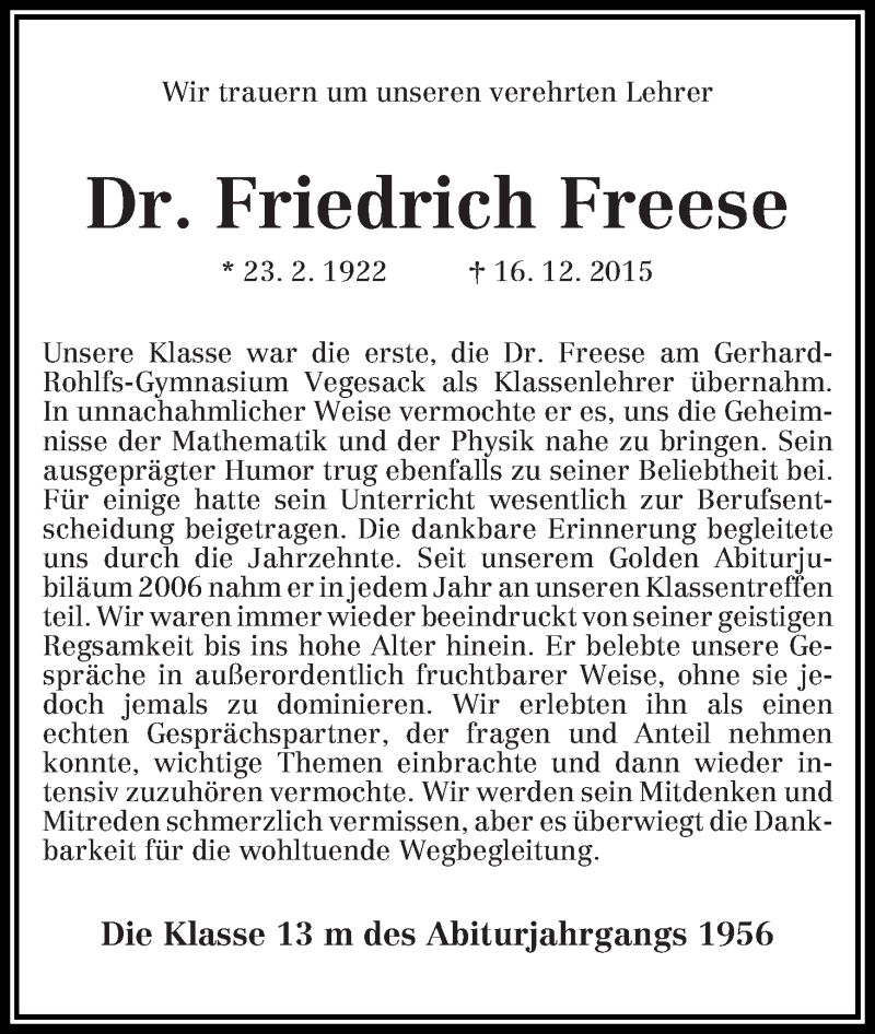 Traueranzeige von Friedrich Freese von Die Norddeutsche