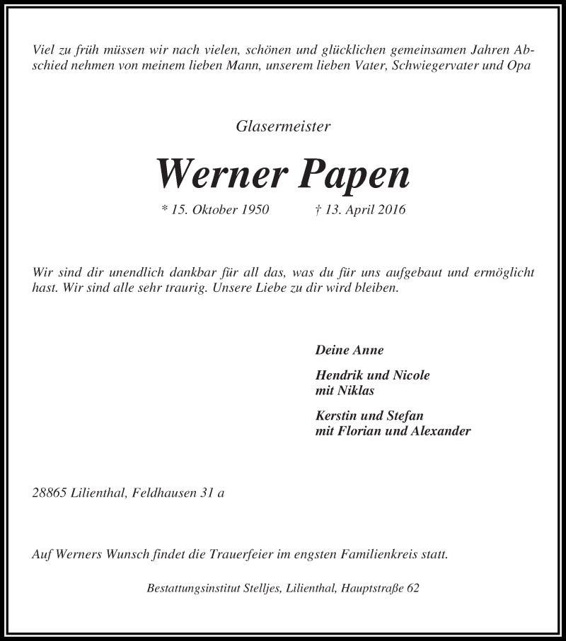  Traueranzeige für Werner Papen vom 15.04.2016 aus Wuemme Zeitung
