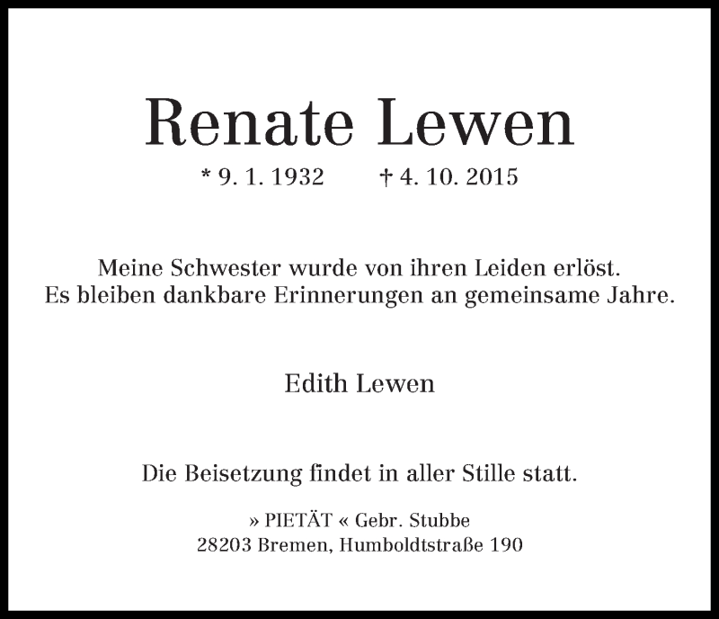 Traueranzeige von Renate Lewen von WESER-KURIER
