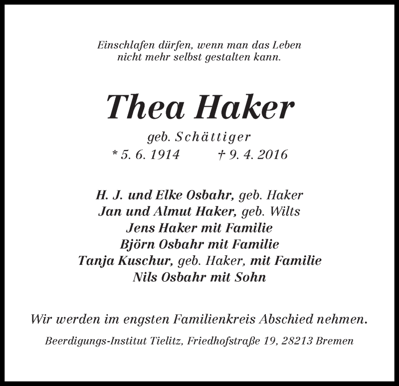 Traueranzeige von Thea Haker von WESER-KURIER