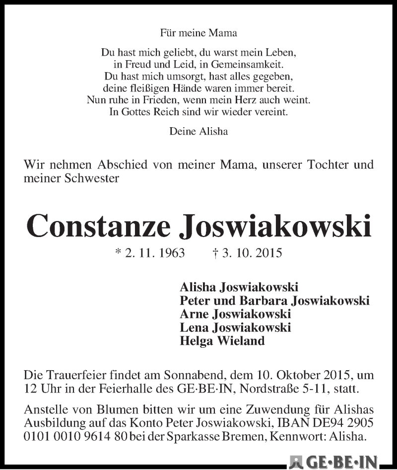 Traueranzeige von Constanze Joswiakowski von WESER-KURIER