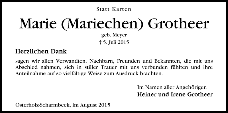 Traueranzeige für Marie Grotheer vom 07.08.2015 aus Osterholzer Kreisblatt