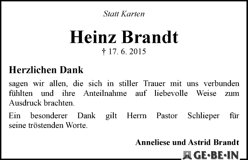 Traueranzeige von Heinz Brandt von WESER-KURIER